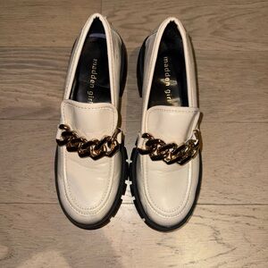 Madden Girl Cream Loafers with Gold Chain